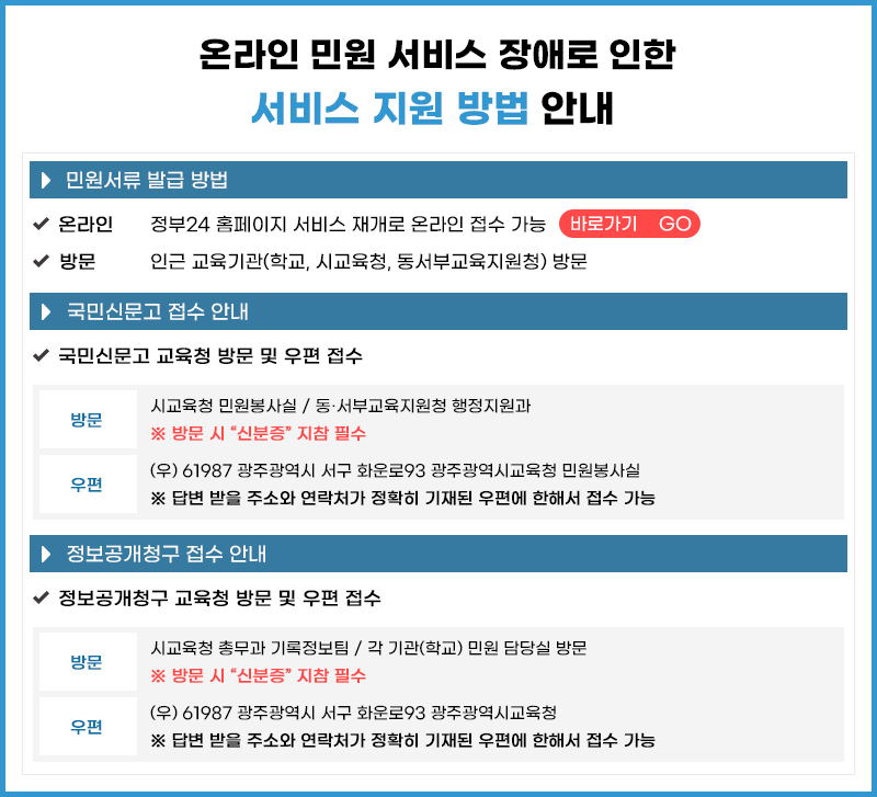 온라인 민원 서비스 장애로 인한 서비스 지원 방법 안내 